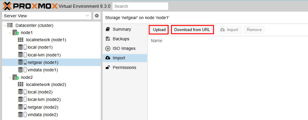 Proxmox VE에서 ISO image 파일 및 Import 파일을 업로드하기