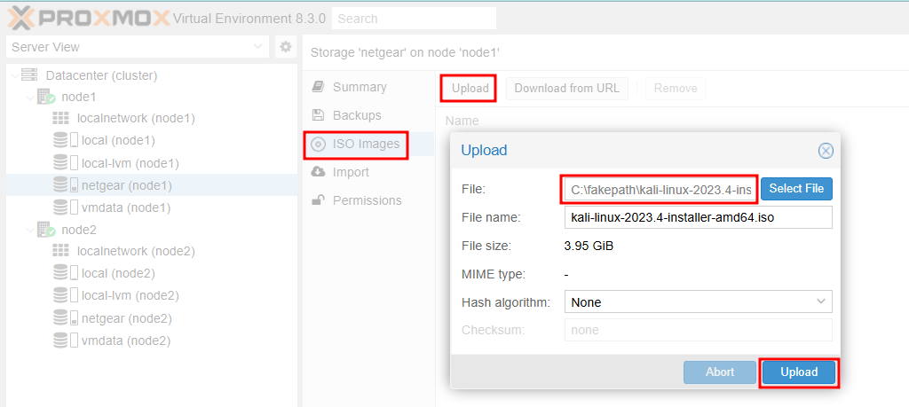 Proxmox VE에서 ISO image 파일 및 Import 파일을 업로드하기
